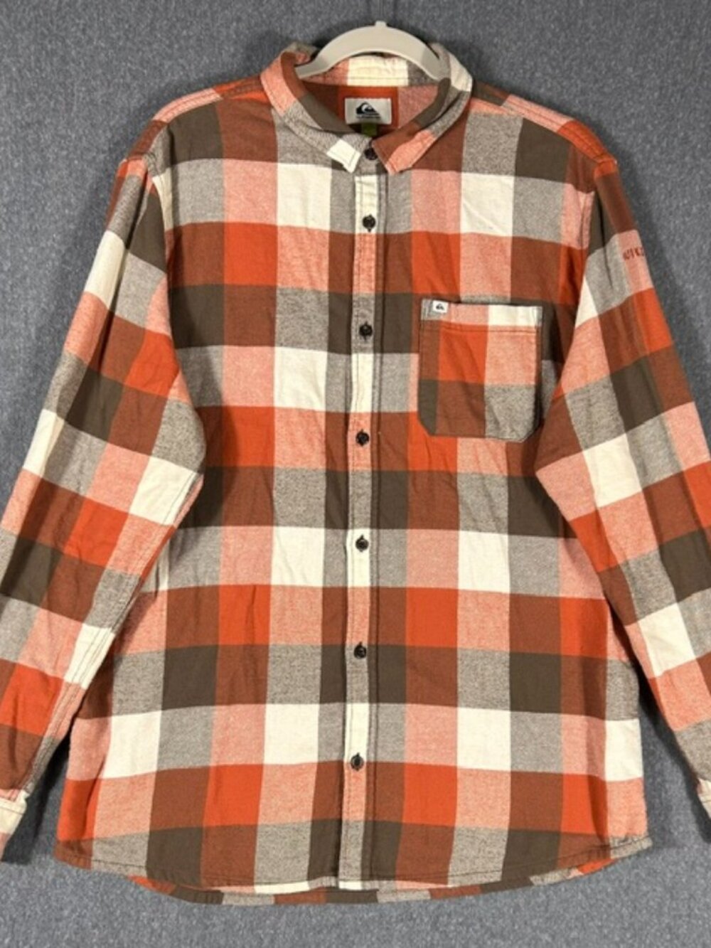 Quiksilver Motherfly Flannel Shirt Mens Sz Lg Orange/Brown/Cream Long Sleeve EUC